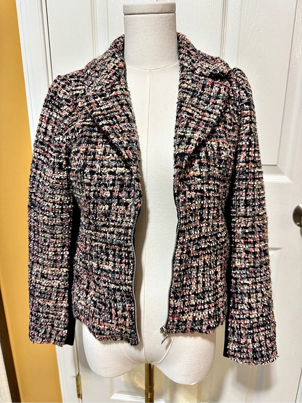 White House Black Market Tweed Metallic Moto Zip Jacket Blazer Pink Black 2P